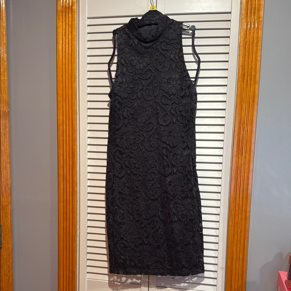Greyson Black Sheath Dress Mock Neck Midi